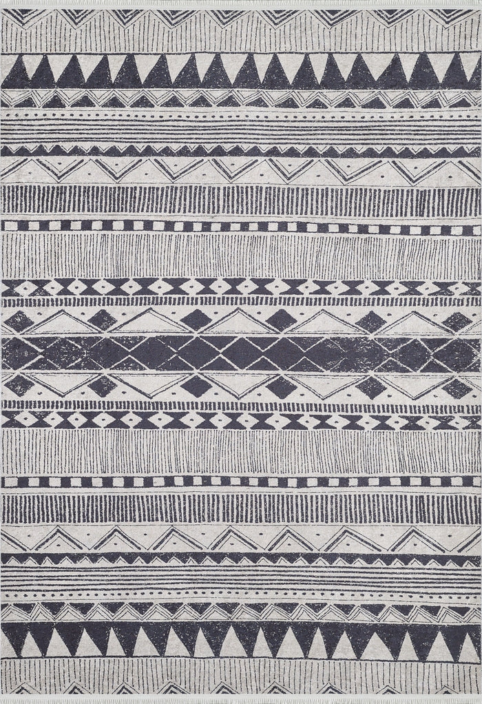 The Bohemian Sunrise - Washable Rug (JR1713) features a black and white geometric design with triangles, diamonds, zigzags, lines, and dots—perfect for high-traffic areas in your home.