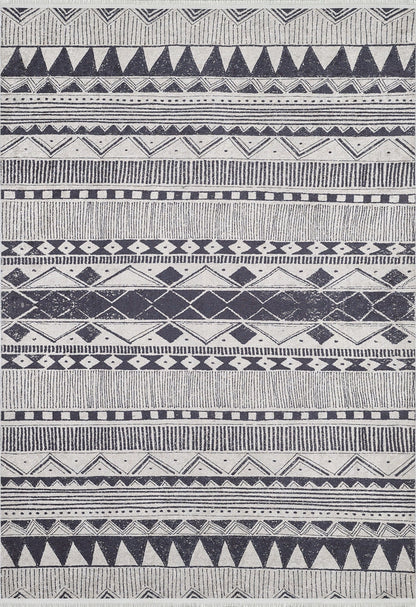 The Bohemian Sunrise - Washable Rug (JR1713) features a black and white geometric design with triangles, diamonds, zigzags, lines, and dots—perfect for high-traffic areas in your home.