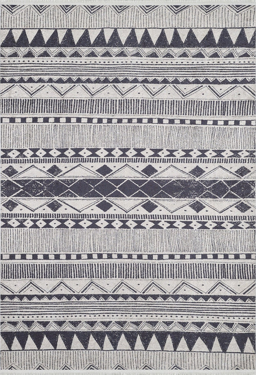 The Bohemian Sunrise - Washable Rug (JR1713) features a black and white geometric design with triangles, diamonds, zigzags, lines, and dots—perfect for high-traffic areas in your home.