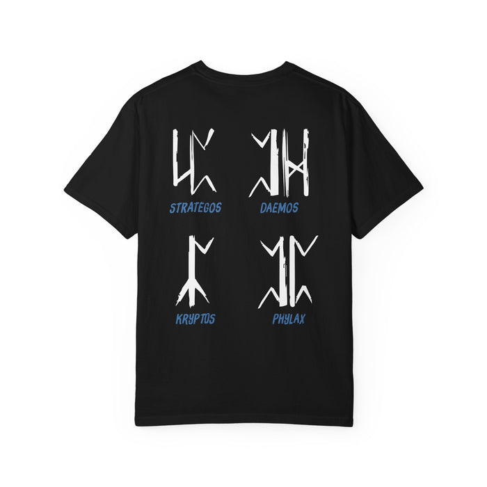 thtgrlreads Wolves of Ruin collection comfort colors graphic tee featuring white stylized symbols with blue names Strategos, Daemos, Kryptos, and Phylax on a black unisex cotton shirt by Printify.
