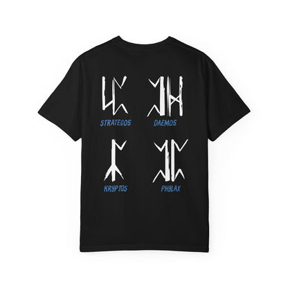 thtgrlreads Wolves of Ruin collection comfort colors graphic tee featuring white stylized symbols with blue names Strategos, Daemos, Kryptos, and Phylax on a black unisex cotton shirt by Printify.
