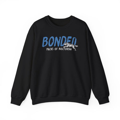 thtgrlreads Wolves of Ruin collection oversized crewneck sweatshirt featuring a vintage puff print graphic of a running wolf and the word "BONDED" in blue, made with soft Comfort Colors fabric by Printify.