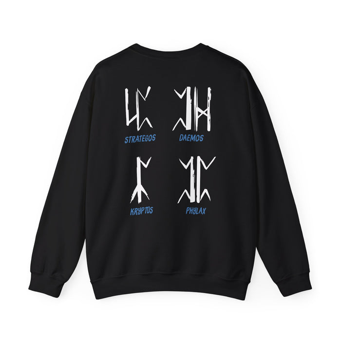 A black oversized crewneck from thtgrlreads featuring Wolves of Ruin themed graphic symbols and names in white and blue on the back, made with soft Comfort Colors fabric.