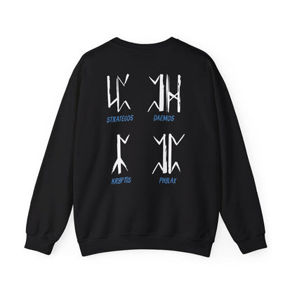 A black oversized crewneck from thtgrlreads featuring Wolves of Ruin themed graphic symbols and names in white and blue on the back, made with soft Comfort Colors fabric.