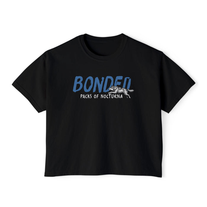 Thtgrlreads Wolves of Ruin collection black Comfort Colors crop top featuring a blue "BONDED" print with a running wolf graphic, from Printify's bookish apparel Tees.