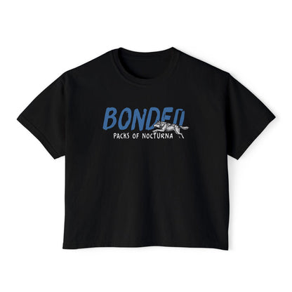 Thtgrlreads Wolves of Ruin collection black Comfort Colors crop top featuring a blue "BONDED" print with a running wolf graphic, from Printify's bookish apparel Tees.