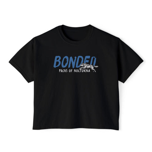 Thtgrlreads Wolves of Ruin collection black Comfort Colors crop top featuring a blue "BONDED" print with a running wolf graphic, from Printify's bookish apparel Tees.