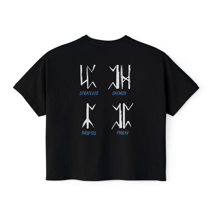 thtgrlreads Wolves of Ruin collection black Comfort Colors crop top featuring stylized white runic symbols with blue text design, part of Printify's officially licensed bookish apparel.