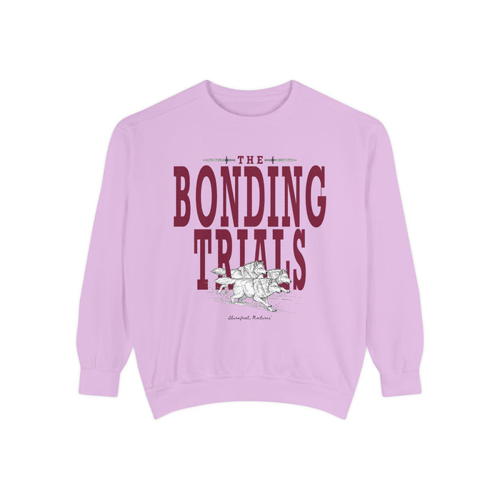 Thtgrlreads Wolves of Ruin collection oversized crewneck sweatshirt in lavender Comfort Colors fabric featuring vintage-style maroon text and an illustrated wolf pack graphic.