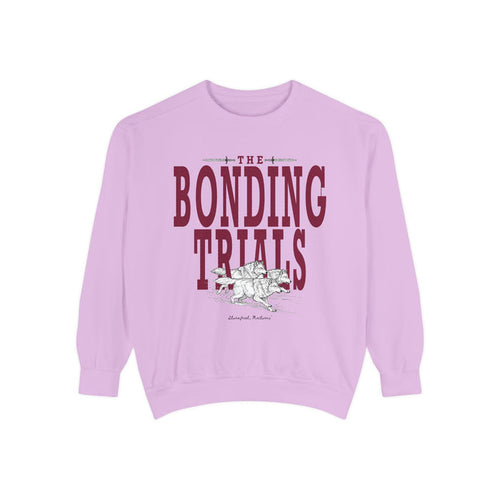 Thtgrlreads Wolves of Ruin collection oversized crewneck sweatshirt in lavender Comfort Colors fabric featuring vintage-style maroon text and an illustrated wolf pack graphic.
