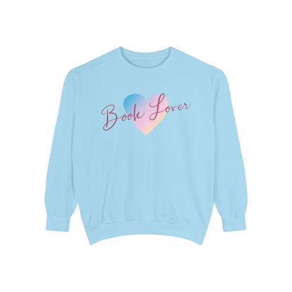 Thtgrlreads cozy oversized crewneck sweatshirt in pastel blue from the Book Bestie collection, featuring a gradient heart graphic and elegant "Book Lover" script text.