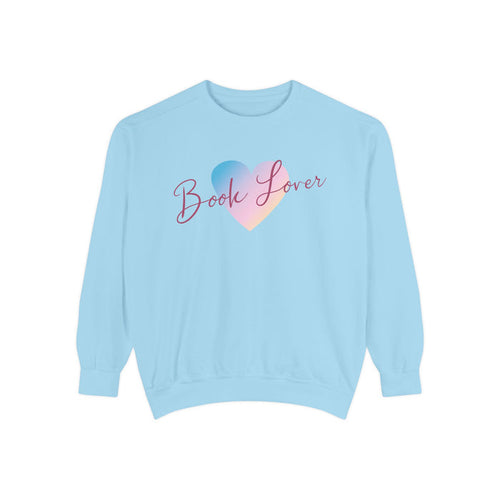 Thtgrlreads cozy oversized crewneck sweatshirt in pastel blue from the Book Bestie collection, featuring a gradient heart graphic and elegant "Book Lover" script text.