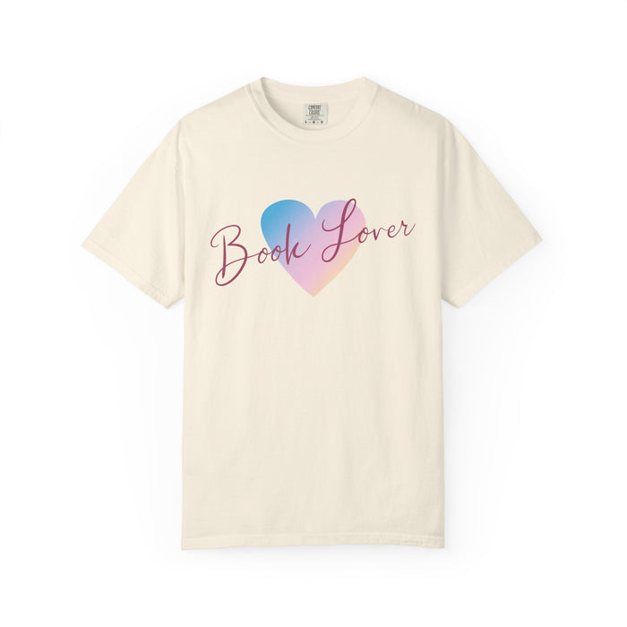 Thtgrlreads comfort colors graphic tee featuring a gradient heart and elegant "Book Lover" script, part of the Book Bestie and Off Brand collections.
