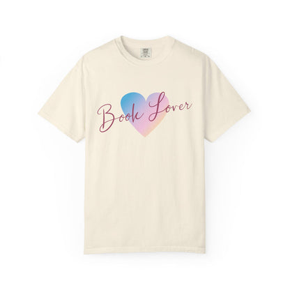Thtgrlreads comfort colors graphic tee featuring a gradient heart and elegant "Book Lover" script, part of the Book Bestie and Off Brand collections.