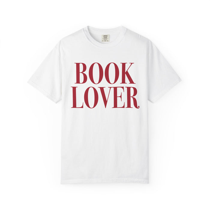 thtgrlreads officially licensed bookish apparel featuring a white Comfort Colors graphic tee with bold vintage-style red "BOOK LOVER" text, from the Tees collection.