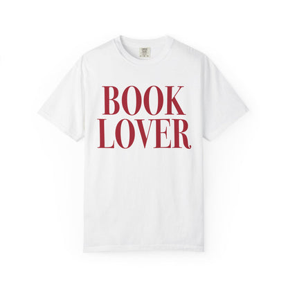 thtgrlreads officially licensed bookish apparel featuring a white Comfort Colors graphic tee with bold vintage-style red "BOOK LOVER" text, from the Tees collection.