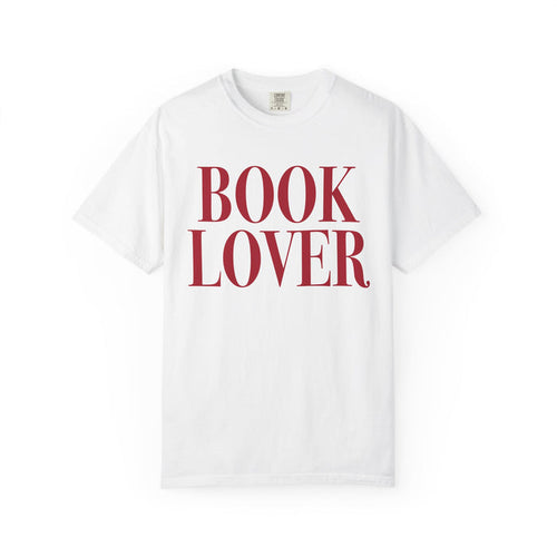 thtgrlreads officially licensed bookish apparel featuring a white Comfort Colors graphic tee with bold vintage-style red "BOOK LOVER" text, from the Tees collection.