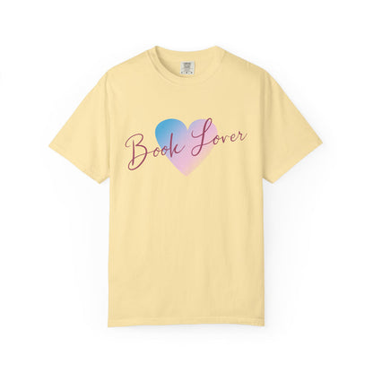 Thtgrlreads comfort colors graphic tee from the Book Bestie collection features a pastel gradient heart with "Book Lover" in elegant script on a soft vintage yellow background.
