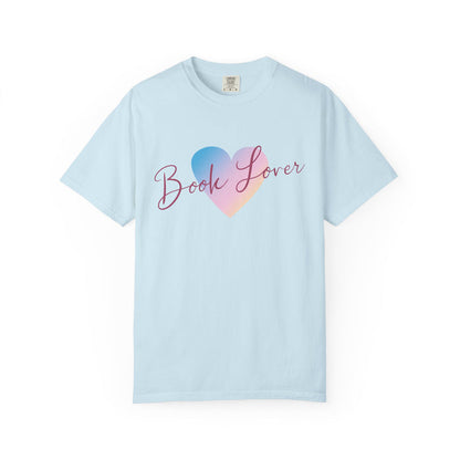 Thtgrlreads Book Bestie collection soft light blue Comfort Colors graphic tee with a gradient heart and elegant "Book Lover" script, perfect for book girlies.