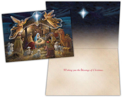 Christmas card with nativity scene and angel, featuring a starry night background.