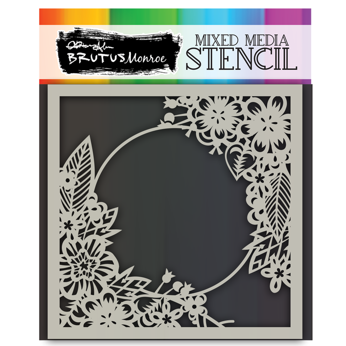Brutus Monroe - Mixed Media Stencil - Floral Hoop. Made of a high quality plastic that will not wear down with use of a blending tool/sprays/inking. Designs can be used with large format pieces as well as small cards and the pattern will not be lost. Available at Embellish Away located in Bowmanville Ontario Canada.