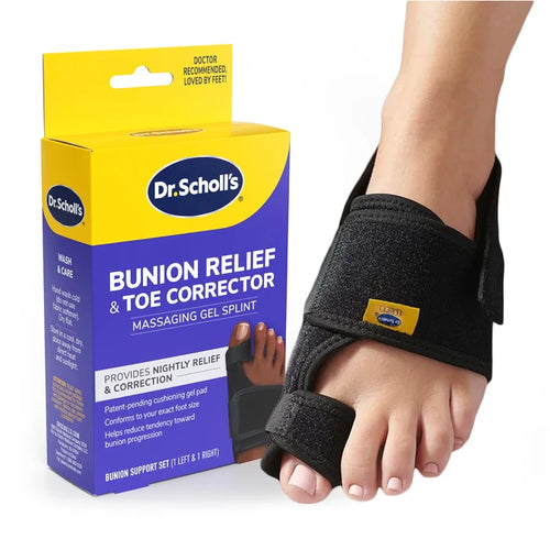 Bunion toe corrector with black gel splint strap, shown with retail box.