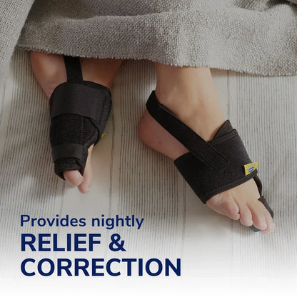 Black bunion toe corrector splint with wide strap on toes, side view.