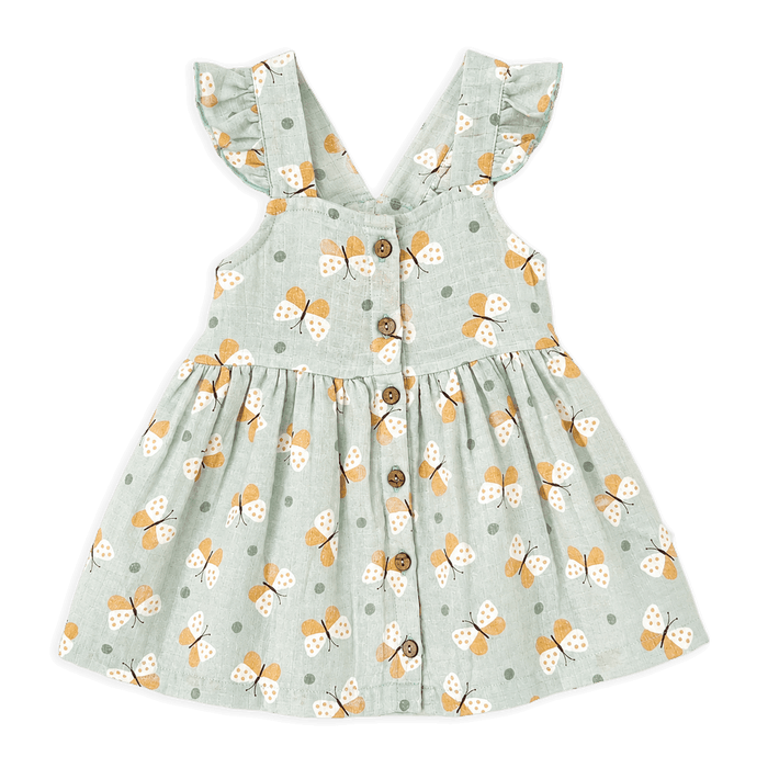 front of butterfly ruffle button baby dress bloomer made of organic muslin