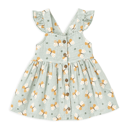 front of butterfly ruffle button baby dress bloomer made of organic muslin