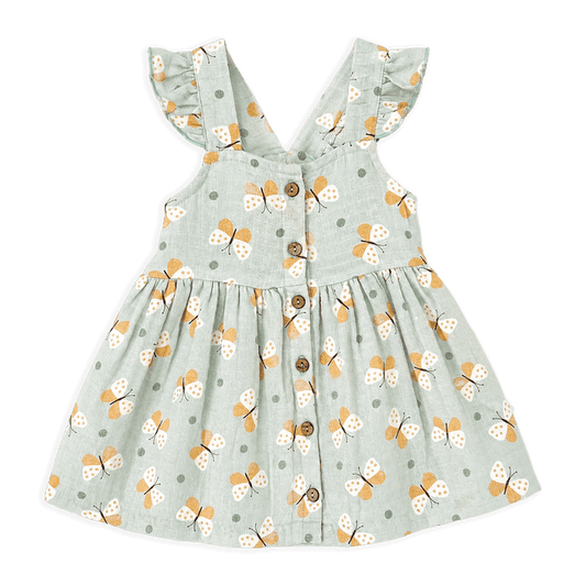 front of butterfly ruffle button baby dress bloomer made of organic muslin