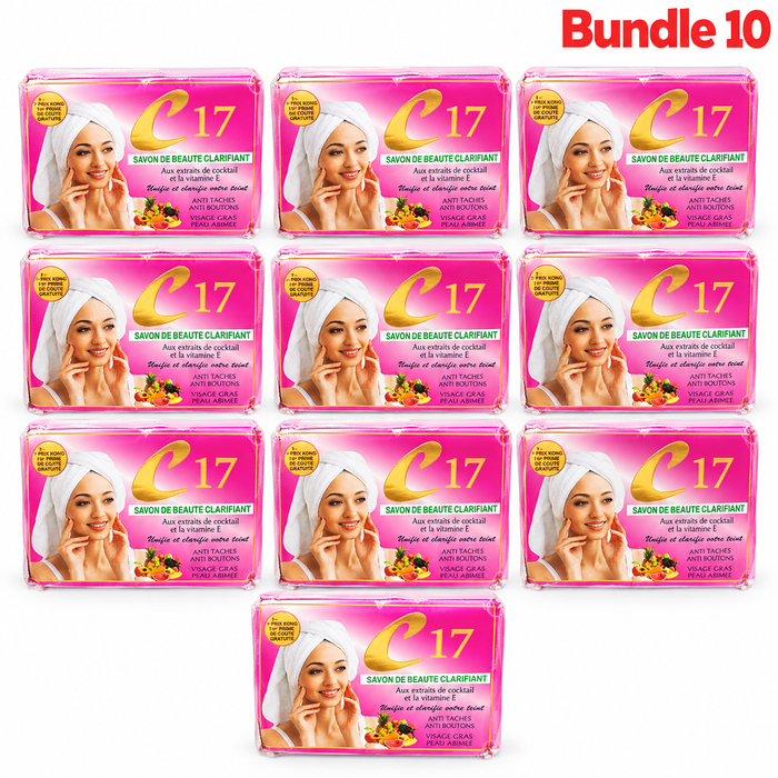 C17 Clarifying Beauty Soap with Vitamin E in branded packaging, cleansing beauty bar formulated to remove impurities and help promote smoother, softer, and more radiant-looking skin.