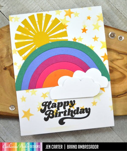 Catherine Pooler - Die - Over the Rainbow. The Over the Rainbow Die is our perfect little rainbow! Complete with clouds, this large die was created to fill your card front. Available at Embellish Away located in Bowmanville Ontario Canada. Example by Jen Carter