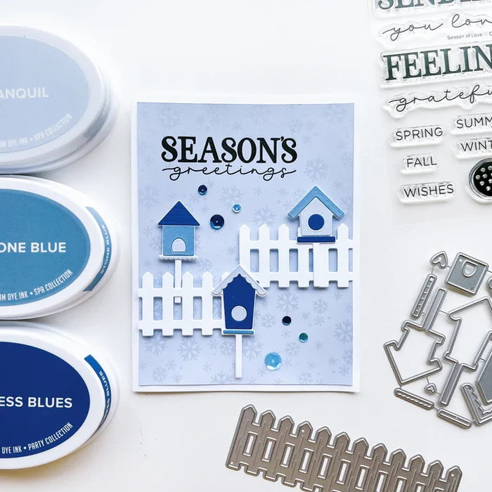 Catherine Pooler - Die - White Picket Fence. This gorgeous White Picket Fence Die helps complete the scene for so many of your cards. Available at Embellish Away located in Bowmanville Ontario Canada. Example by brand ambassador.