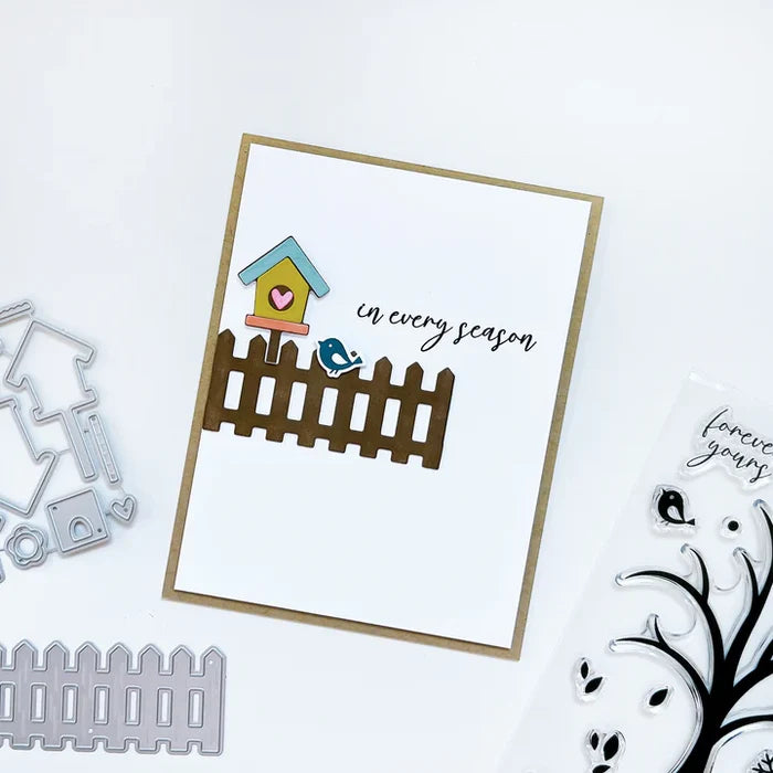 Catherine Pooler - Die - White Picket Fence. This gorgeous White Picket Fence Die helps complete the scene for so many of your cards. Available at Embellish Away located in Bowmanville Ontario Canada. Example by brand ambassador.