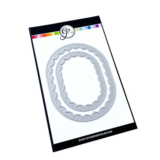 Catherine Pooler - Dies - Scalloped Loop. Create the perfect centerpiece for your card with the Scalloped Loop Dies. This set of frame edge dies, cuts a beautiful scalloped pattern from your card front in two sizes. Available at Embellish Away located in Bowmanville Ontario Canada.