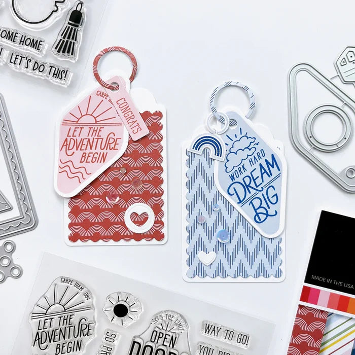 Catherine Pooler - Dies - Suite Motel Key. Create your own Suite Motel Key set with these fun dies. The dies include a key die, tags and "metal" keyring dies for so many fun layering options. Available at Embellish Away located in Bowmanville Ontario Canada. Example by brand ambassador.