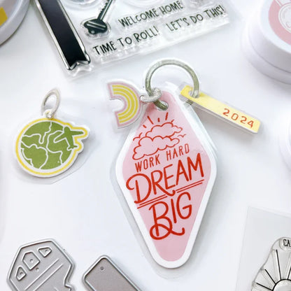 Catherine Pooler - Dies - Suite Motel Key. Create your own Suite Motel Key set with these fun dies. The dies include a key die, tags and "metal" keyring dies for so many fun layering options. Available at Embellish Away located in Bowmanville Ontario Canada. Example by brand ambassador.