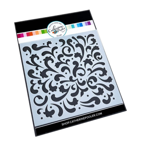 Catherine Pooler - Stencil - Secret Garden. A celebration of flourishes and blooms, the Secret Garden Stencil has a feel of a wild flower garden.  This beautiful, ornate pattern will give your card base so much interest.  Try this stencil with a favorite sparkly medium for more texture. Available at Embellish Away located in Bowmanville Ontario Canada.