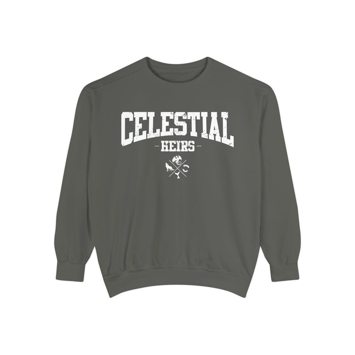 Thtgrlreads Zodiac Academy collection oversized crewneck sweatshirt in vintage-washed Comfort Colors with bold collegiate "Celestial Heirs" print and crossed emblem design.