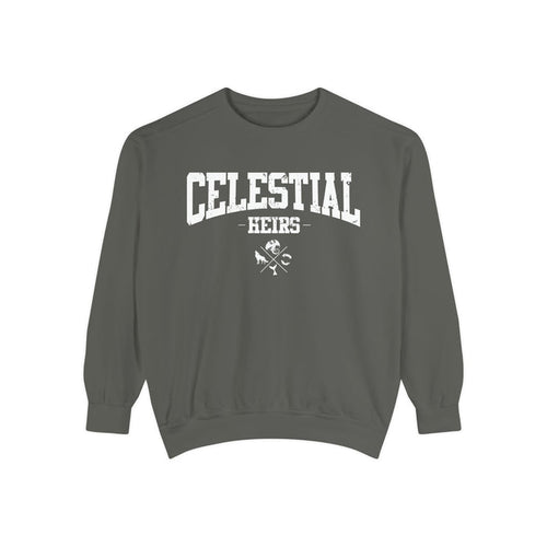 Thtgrlreads Zodiac Academy collection oversized crewneck sweatshirt in vintage-washed Comfort Colors with bold collegiate "Celestial Heirs" print and crossed emblem design.