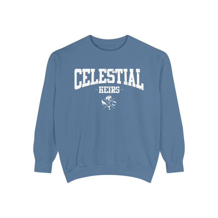 thtgrlreads Celestial Heirs oversized crewneck sweatshirt in vintage washed blue with bold collegiate block lettering and small crossed icons below the text