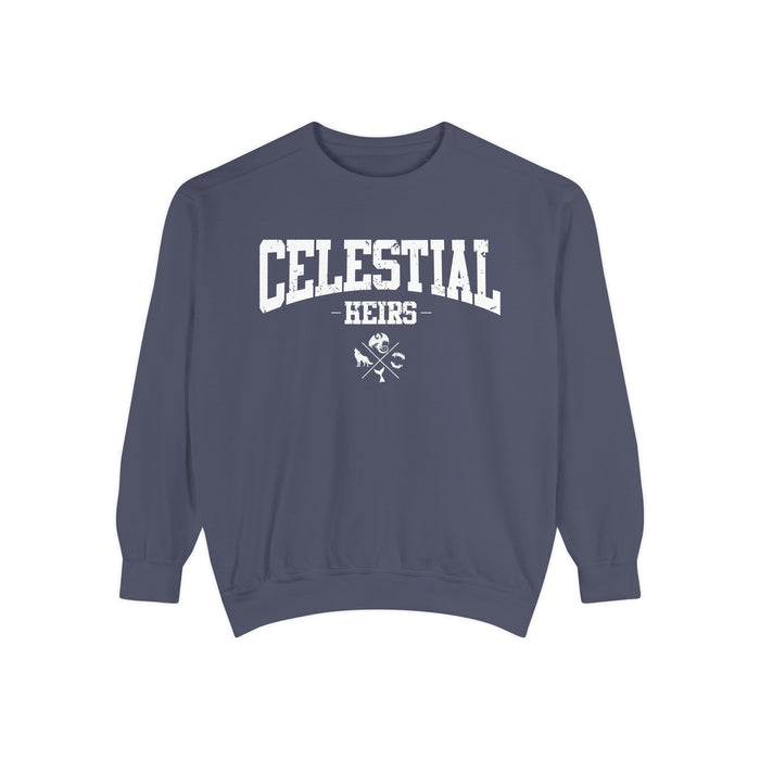 Zodiac Academy-themed oversized crewneck sweatshirt by thtgrlreads featuring vintage-washed navy Comfort Colors fabric with bold white collegiate-style "Celestial Heirs" text and crossed keys graphic.