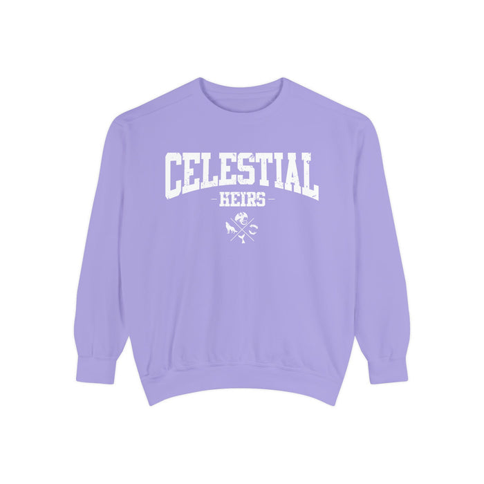 Thtgrlreads Zodiac Academy collection oversized crewneck sweatshirt in vintage-washed lavender Comfort Colors featuring bold white collegiate-style "Celestial Heirs" text and crossed symbols graphic.