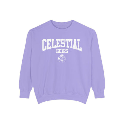 Thtgrlreads Zodiac Academy collection oversized crewneck sweatshirt in vintage-washed lavender Comfort Colors featuring bold white collegiate-style "Celestial Heirs" text and crossed symbols graphic.