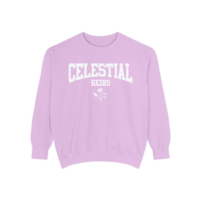 Thtgrlreads Zodiac Academy cozy lilac oversized crewneck sweatshirt featuring bold white collegiate-style "Celestial Heirs" text and subtle graphic, part of the Crewnecks collection.