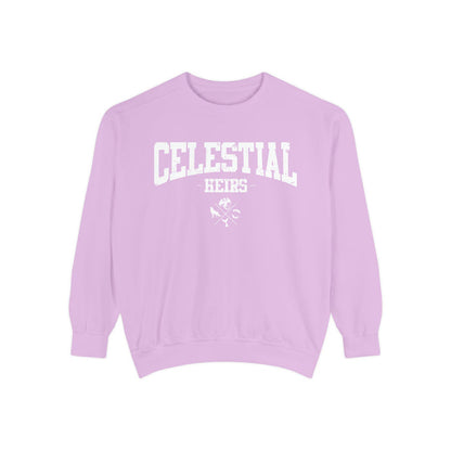 Thtgrlreads Zodiac Academy cozy lilac oversized crewneck sweatshirt featuring bold white collegiate-style "Celestial Heirs" text and subtle graphic, part of the Crewnecks collection.