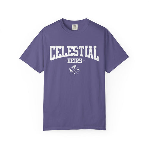 A vintage wash Comfort Colors graphic tee from thtgrlreads featuring distressed white collegiate-style text "Celestial Heirs" with crossed key and flame graphics, from the Zodiac Academy and Tees collections.