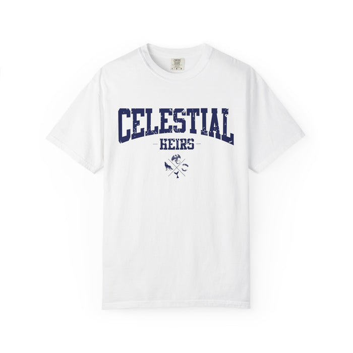 A white Comfort Colors graphic tee from thtgrlreads featuring vintage-washed soft fabric with navy collegiate-style "Celestial Heirs" text and crossed celestial symbols, part of the Zodiac Academy collection.
