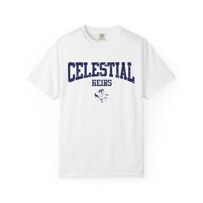 A white Comfort Colors graphic tee from thtgrlreads featuring vintage-washed soft fabric with navy collegiate-style "Celestial Heirs" text and crossed celestial symbols, part of the Zodiac Academy collection.