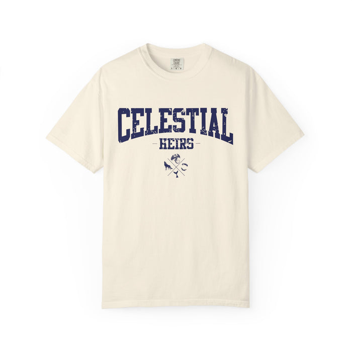 Thtgrlreads Zodiac Academy collection Comfort Colors graphic tee in vintage cream with distressed navy blue "Celestial Heirs" collegiate-style print, soft cotton material.